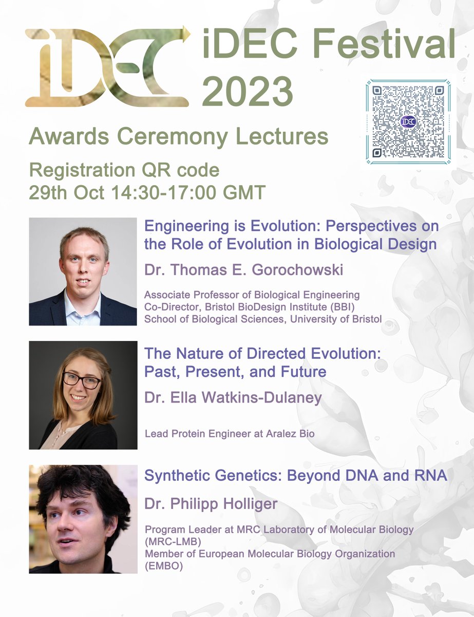 iDEC2026's tweet photo. We are thrilled to announce that Dr. Thomas Gorochowski, Dr. Ella Watkins-Dulaney, and Dr. Philipp Holliger will be invited lecturers at the Awards Ceremony! The iDEC Awards Ceremony 2023 will be opened to everyone online.🌟 #iDEC2023 @chofski @Ella_Watkins_ @PhilHolliger https://t.co/u7l3hHnxLU