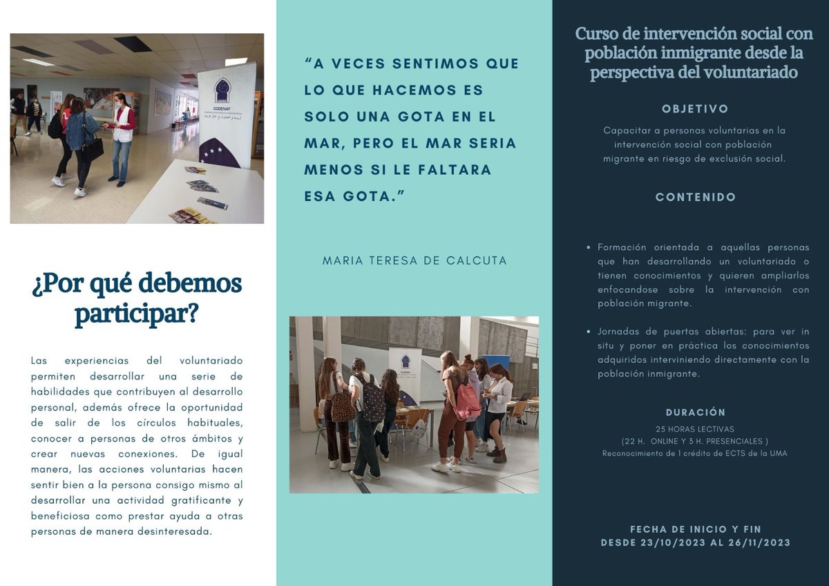 *Curso de intervención social con población inmigrante desde la perspectiva del voluntariado* 

◼️1 CRÉDITO ECTS UMA
◼️25 HORAS LECTIVAS (22 H. ONLINE Y 3 H. PRESENCIALES)
◼️23/10/2023 al 26/11/2023

¡Apúntate! 👉🏼forms.gle/WoQR1iP23szw1T…

<a href="/MLGparticipa/">Málaga Participa</a> <a href="/malaga/">Ciudad de Málaga</a> <a href="/MarTorresCasado/">Mar Torres</a>