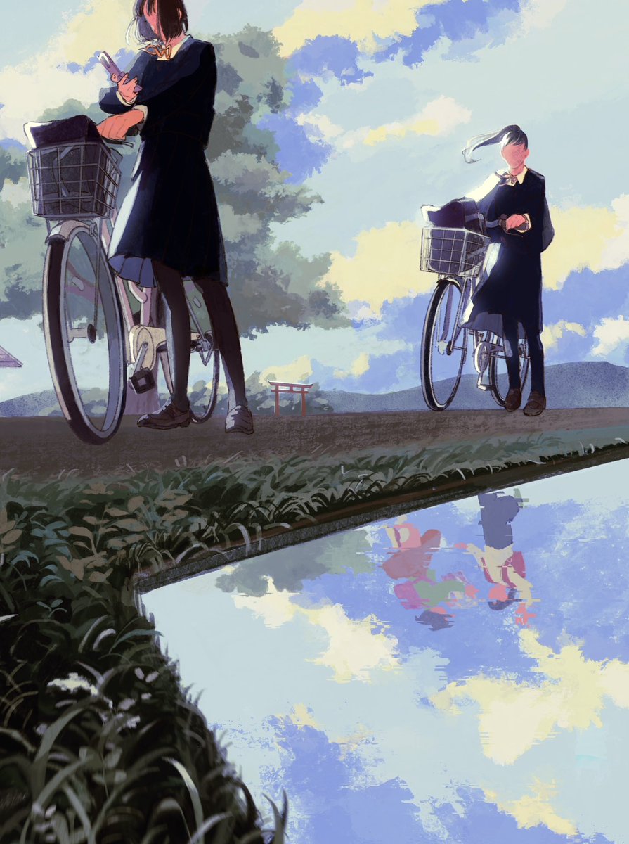 bicycle ground vehicle multiple girls outdoors 2girls pantyhose school uniform  illustration images
