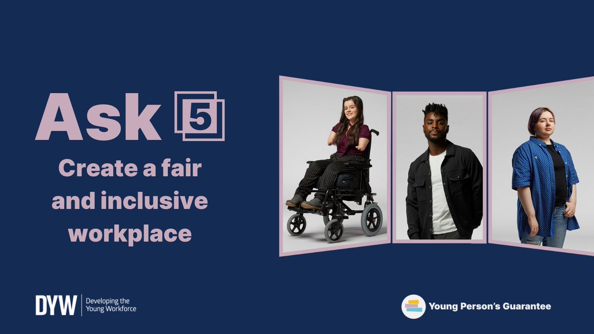 Ask 5 of the Young Person's Guarantee is about fair work. Could you commit to creating a more diverse and inclusive workplace, paying the real living wage, and more? Learn more about fair work: bit.ly/3WRRRja #DYWScot #YPGuarantee