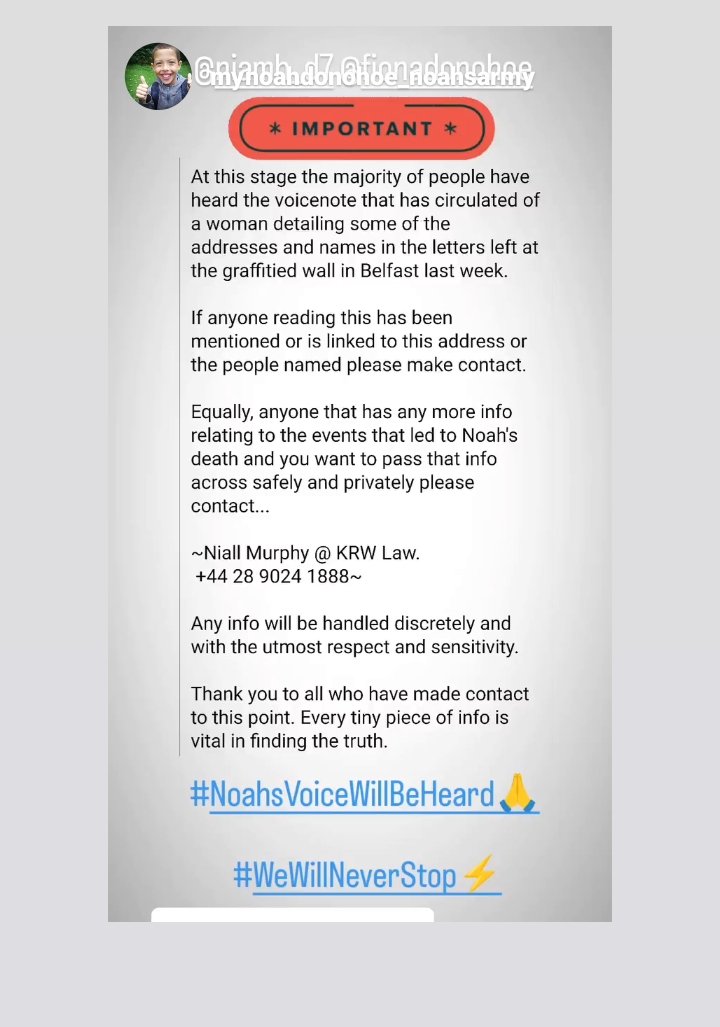 Everything needs ruled out.
While the PSNI "try to locate the graffiti " (This info has been given to authorities already)
We are requesting the person named in the voice note to contact Niall Murphy <a href="/KRWLaw/">KRW Law Human Rights</a> and for anyone with information to do the same 
#JusticeForNoahDonohoe