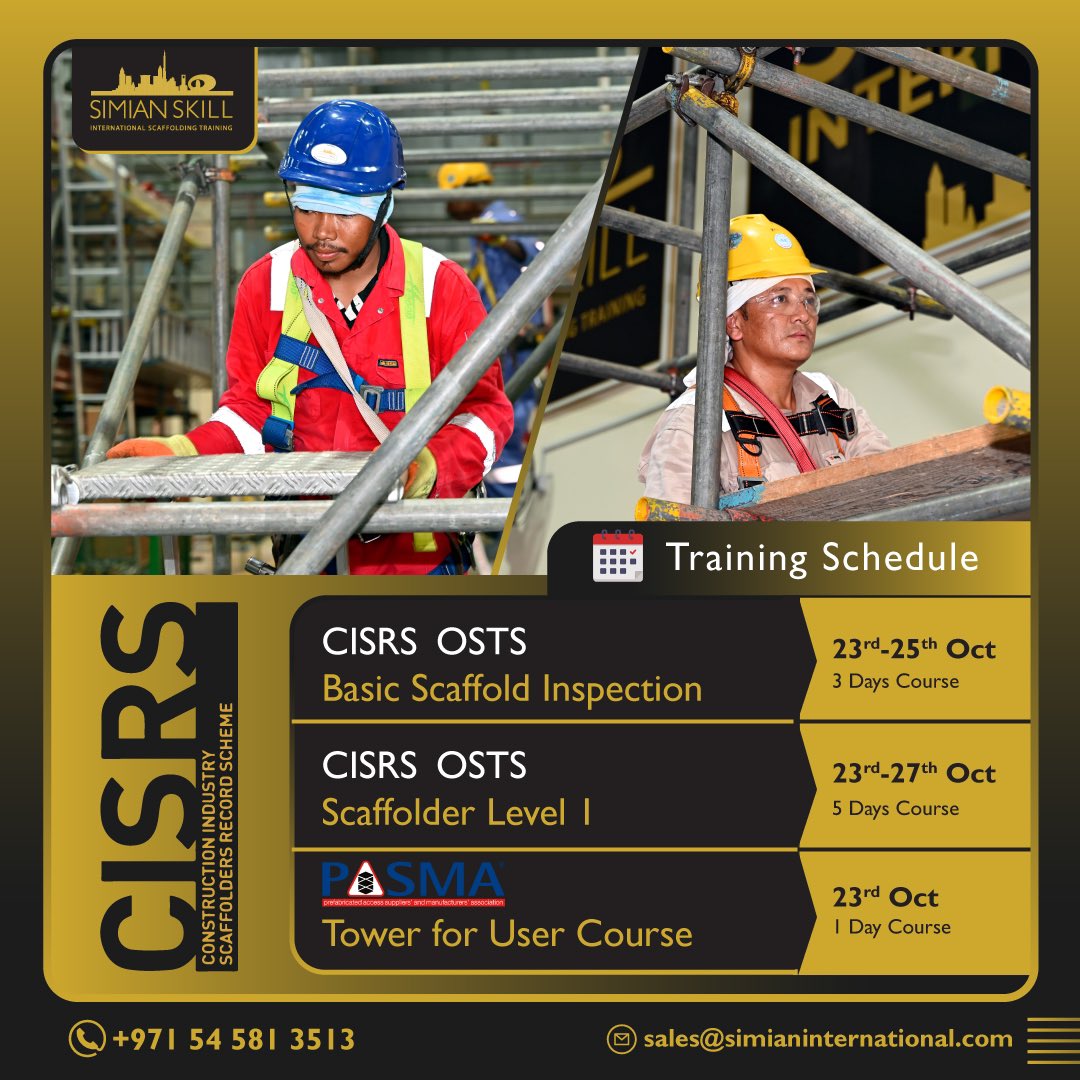 Check out our upcoming #courses schedule! 

#career #safetyfirst #industry #life #trainner #awesome #services #list #CISRS #PASMA #Ladderassociation #scaffolding #training #courses #construction #oilandgas #industry #management #development #constructionindustry #Construction