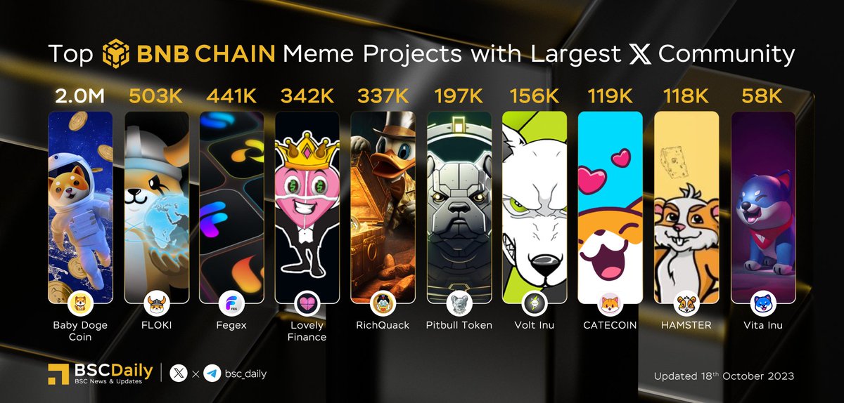 🎉 Top #BNBChain Meme Projects with Largest @X Community 🚀 🥇 @BabyDogeCoin 🥈 @RealFlokiInu 🥉 @FEGtoken @Lovely_finance @RichQuack @BscPitbull @VoltInuOfficial @catecoin @_hamster_coin @VitaInuCoin Which is your favorite project? Let's share with us in the comments!