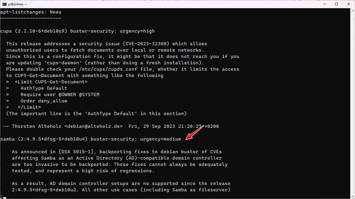 manelrodero's tweet image. Si tenéis #Samba en modo #ActiveDirectory es posible que tengáis que hacer algún cambio.
Aunque yo no lo estoy usando en mi #RaspberryPiOS, aparece la siguiente advertencia al actualizar los paquetes mediante 'apt'.
#HomeLab