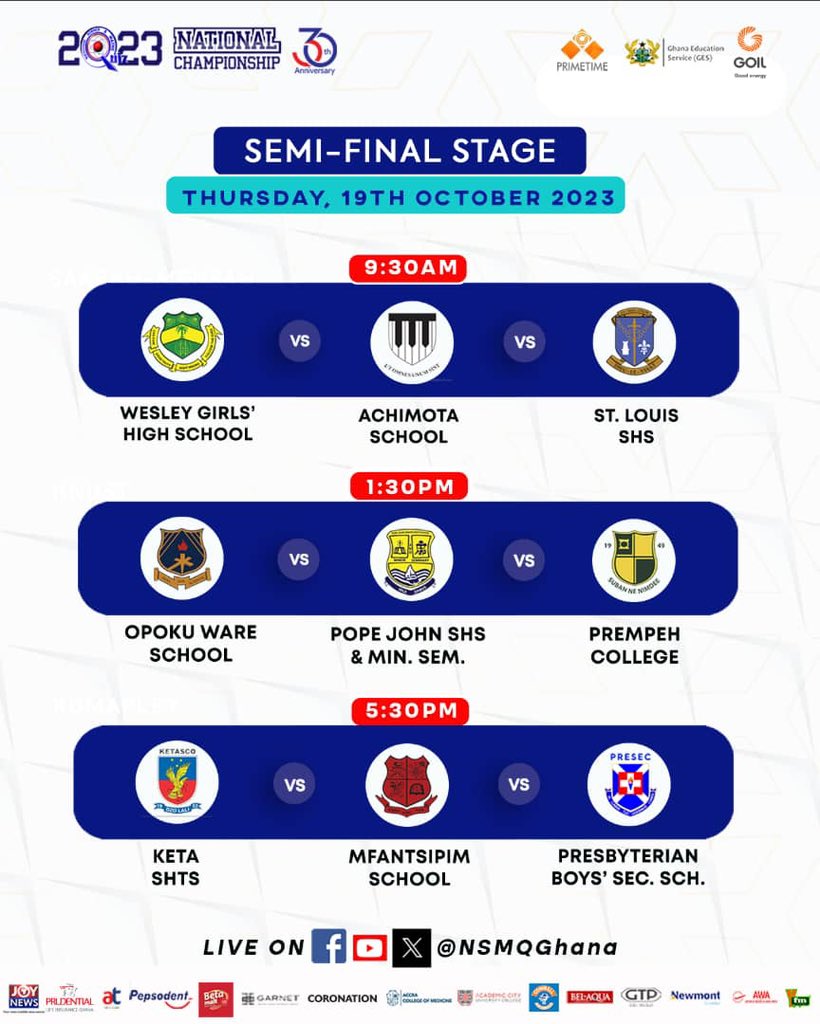 9 schools - 3 final spots! 
Let’s do this on Thursday! 

#NSMQ2023 #NSMQ30 #Primetime #NSMQSemifinals