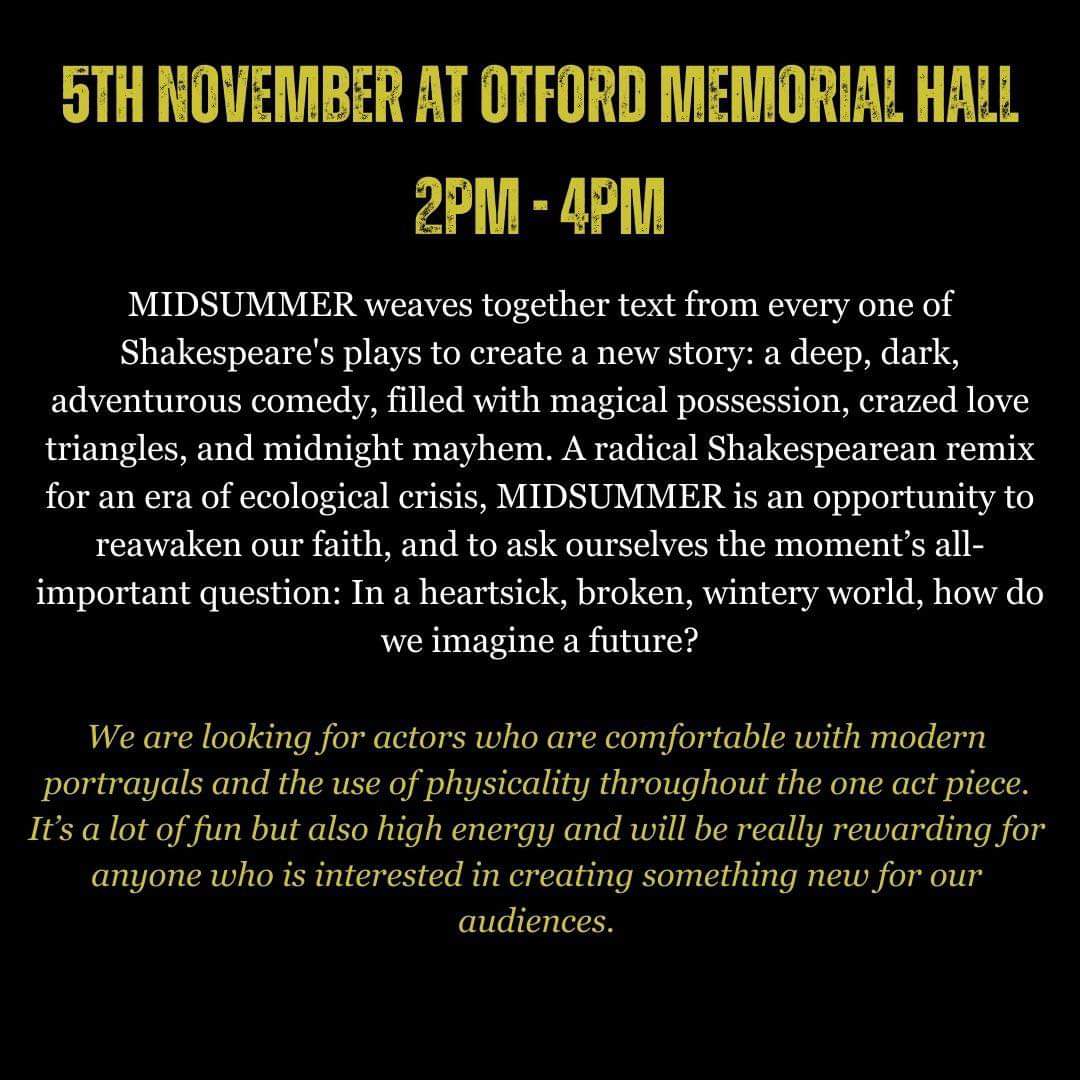 Pierse_Stevens's tweet photo. Sevenoaks Shakespeare's second audition notice of the week! Why not join us on 5th November at Otford Village Memorial Hall and find out why we are so excited about our 2024 season. Looking forward to seeing you there... https://t.co/lWAlwvYED0