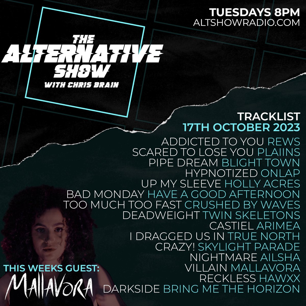💥 LISTEN NOW! 👉 bit.ly/3S1U6zY 💥
I chat with Jess from Mallavora, this weeks 🔥 HOTTEST TRACK 🔥 from @ARIMEA_UK plus all these BANGERS!

Get your music over to me chris@altshowradio.com!

#alternative #emo #radio #poppunk #metal #altmetal #ukrock #bandinterview #rock