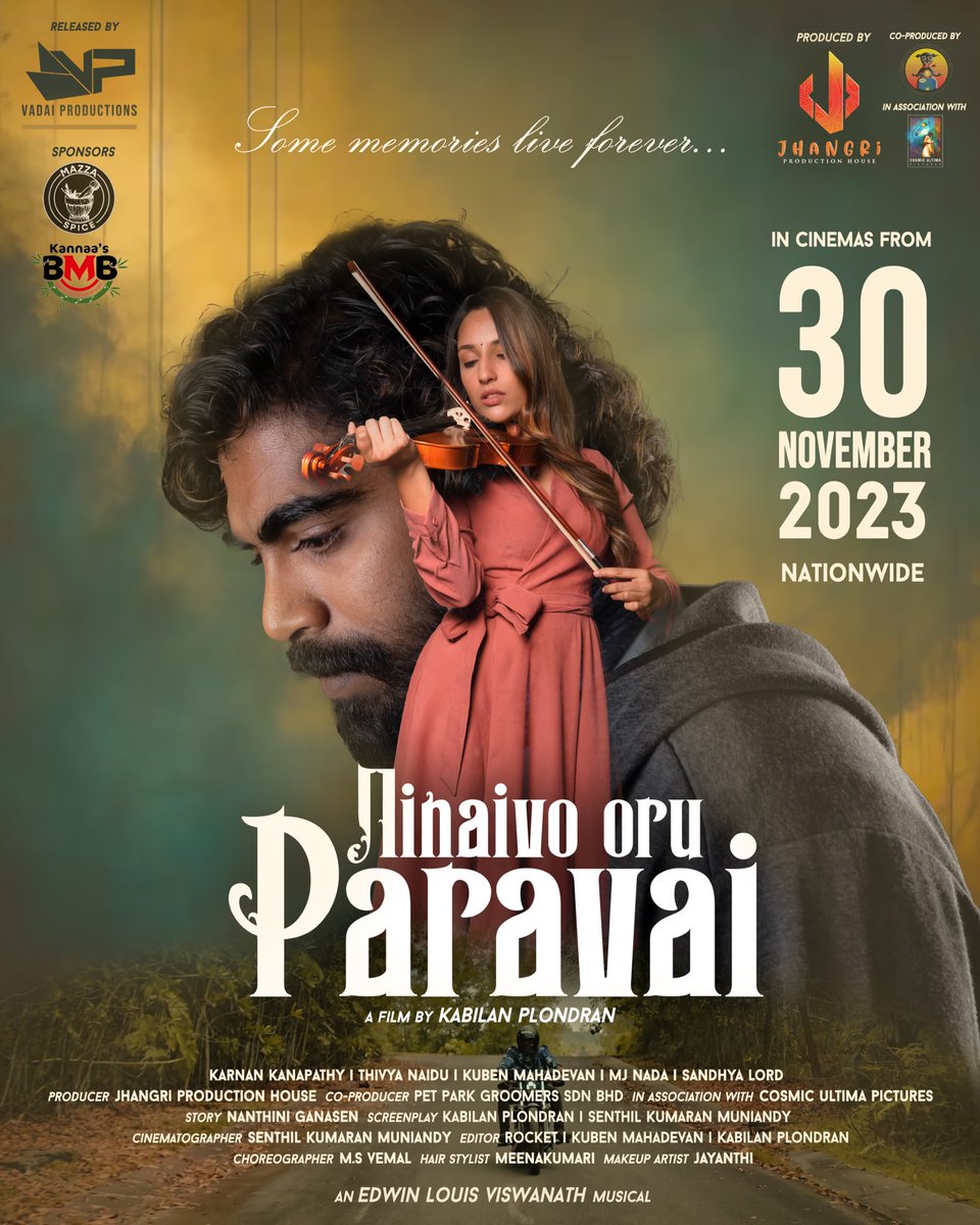 VadaiProduction's tweet photo. It’s official!!
Jhangri Production House and Vadai Productions joining hands for the first time to bring you…. 

“Ninaivo Oru Paravai”. 

Directed by Kabilan Plondran (Jhangri fame), in cinemas nationwide on November 30, 2023. 

Starring Karnan Kanapathy &amp; Thivya Naidu
#NOP https://t.co/KwTNZHnlpf