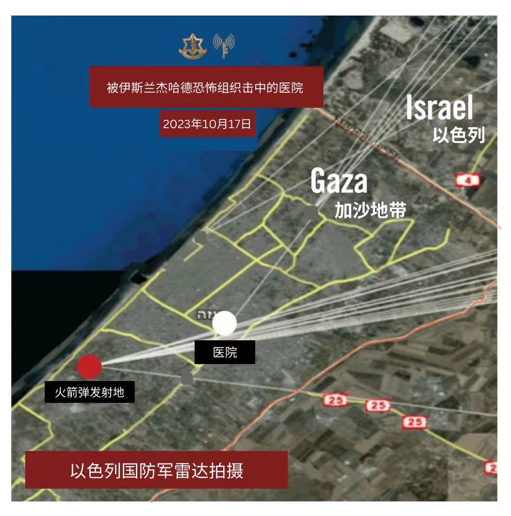 IsraelinChina's tweet photo. 以色列国防军（IDF）发言人海军少将丹尼尔·哈加里（Daniel Hagari）的简报：
 
以色列国防军已完成一次事后评估，并确认伊斯兰圣战组织（Islamic Jihad）对加沙的医院遇袭负责。
我们与以色列国防军的所有相关部门进行了立即评估。
以下是发生在2023年10月17日星期二的情况：
下午6:15，哈马斯向以色列发射了一连串火箭弹。
下午6:59，伊斯兰圣战组织从附近的公墓发射了约10枚火箭弹。
此时（即下午6:59），有关加沙市医院发生爆炸的报道开始传出。
我们的情报显示，哈马斯核实了这些报道，了解到这是由一枚伊斯兰圣战组织误射的火箭弹所致，并决定发起一场全球媒体运动来��盖事实。他们甚至夸大了伤亡人数。
他们非常确信，毁坏医院的是一枚伊斯兰圣战组织误射的火箭弹。
我们对空中镜头进行了分析，证实医院本身并未遭到直接袭击。唯一受损的地点是医院外的停车场，我们可以看到燃烧的迹象，但没有弹坑，附近建筑物也没有结构损坏。
空弹(空弹的性质不同)会造成弹坑和建筑物的结构损坏，而在这起事件中我们并未发现这些迹象。
我们在这里看到的损坏是由伊斯兰圣战组织发射的火箭弹弹头造成的，由于火箭弹的飞行距离很短（发射失败导致），大部分火箭弹燃料仍可看到。
以下证据为停车场的红外图像。你可以看到火灾的中心位置和一些屋顶上的碎片。未识别到弹坑，周围建筑物的墙壁也完好无损。
我们有空袭弹坑的示例。如示，此次事件中并不存在这样的弹坑。许多媒体机构立即报道了哈马斯未经证实的声明，这些是哈马斯散布的谎言。
我要澄清的是：
像哈马斯那样立刻宣称了解情况是不可能的；这对很多人而言应该是一个初步警示。
与哈马斯不同，以色列国防军立即展开了调查，由最高级别的指挥层监督。
这次专业的评估基于情报、作战系统和空中镜头的交叉核对。
我们与大家分享的证据，证实了加沙医院的爆炸是由一枚伊斯兰圣战组织误射的火箭弹导致的。
以下是我们评估过程的几个主要部分：
1）首先，我们证实以色列国防军（陆海空）的火力未击中该医院。
2）其次，我们的雷达系统在爆炸发生时追踪到加沙内恐怖分子发射的火箭弹。对火箭弹一连串发射的轨迹分析证实，火箭弹是在医院附近发射的。
此外，还有两个独立视频显示了在加沙地带内，存在火箭弹发射失败和火箭弹不断飞向地面的情况，（它们）最终落在医院院内。
3） 第三，我们有���报显示（其中一部分将在此分享），恐怖分子间关于火箭弹误射情况进行了沟通。他们意识到发生了误射，并明确提到了医院。我们通过与其他情报来源的核对，确认了这条截获情报的准确性。
射向以色列的火箭弹短途落下到加沙地带的情况较为普遍。
这些火箭弹未到达以色列，导致巴勒斯坦平民伤亡。
此次战争中，我们计算得知约有450枚火箭弹误射并落入到加沙地带。巴勒斯坦平民付出了代价。
我们也将这些信息与伙伴共享，首先是美国。我们希望最大化透明度，因为任何涉及平民的事件我们都高度重视。
不幸的是，许多媒体第一时间报道了哈马斯在加沙控制区发表的声明，指责以色列。
一些媒体机构还未等到以色列国防军的可信信息调查，就传播了哈马斯的谎言。其中一些新闻标题至今仍然存在，并未得到更正。
我理解各位追求新闻的独家报道，但希望大家都能认同：新闻的准确性和可信度比速度更重要。
以色列国防军遵守国际法。
总结，这起事件展示了针对以色列的指控（此次是由恐怖分子发出的虚假且毫无根据的指控）是如何传播并加剧了地区紧张局势的。