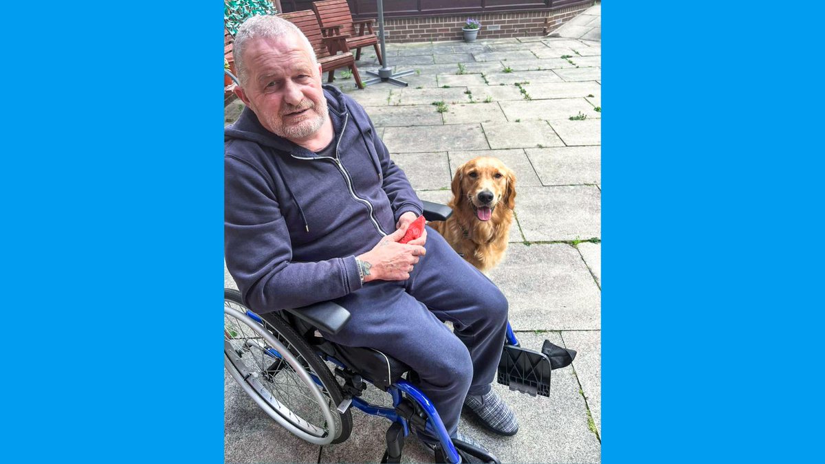 Andy_J_Hood's tweet photo. Man’s best friend: Peter, who lives at our Abbeymoor residential service in #Gateshead, enjoys spending time with Barney the dog, whose job is to spread joy, fun, and cuteness!

#ProudToSupport https://t.co/fOCrEzUFJh