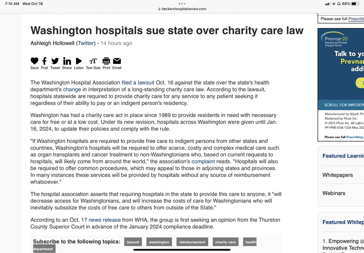 EdGainesIII's tweet image. Interesting that the #WA regulatory interpretations requiring indigent care complained of appear to go well beyond what is required by #EMTALA beckershospitalreview.com/legal-regulato…