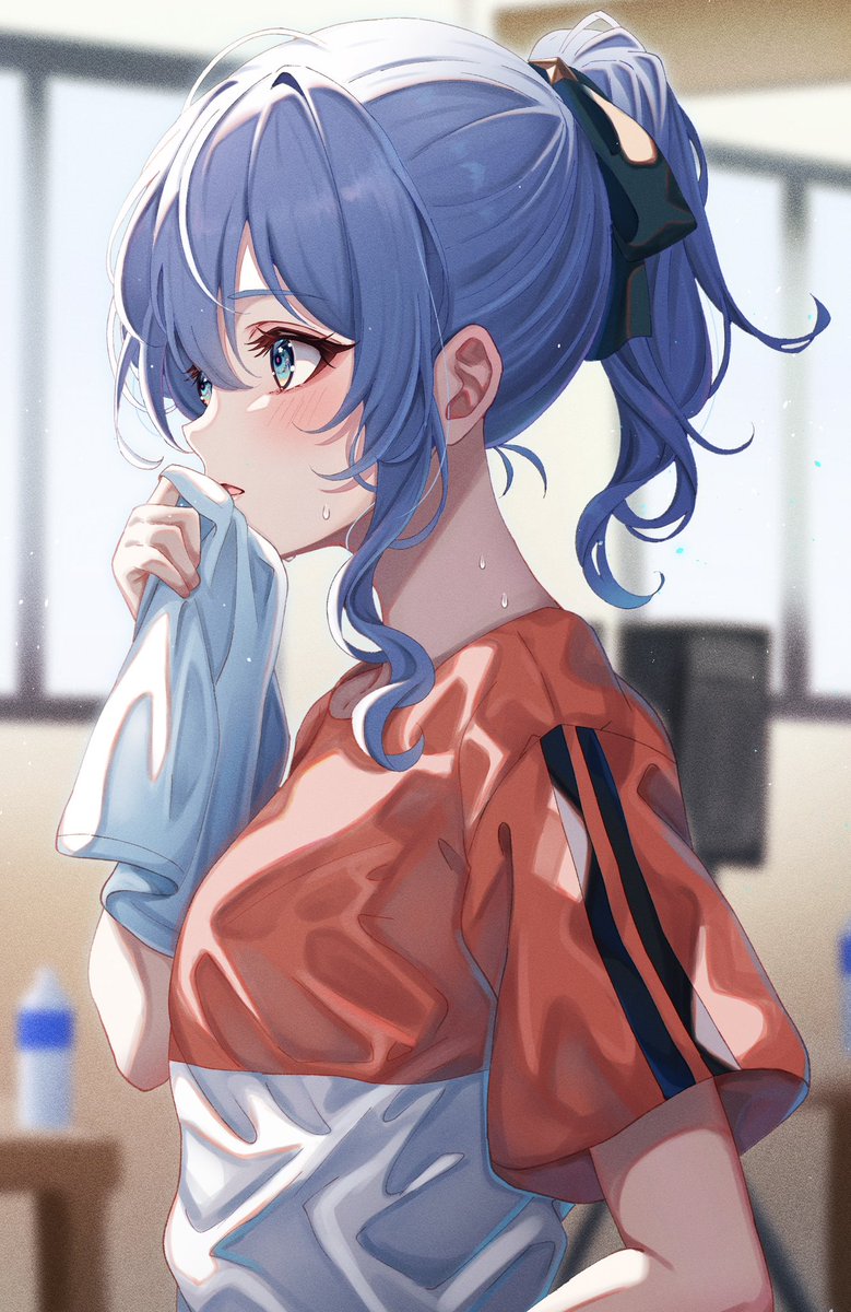 hoshimachi suisei 1girl solo blue hair blue eyes ponytail sweat wiping sweat  illustration images