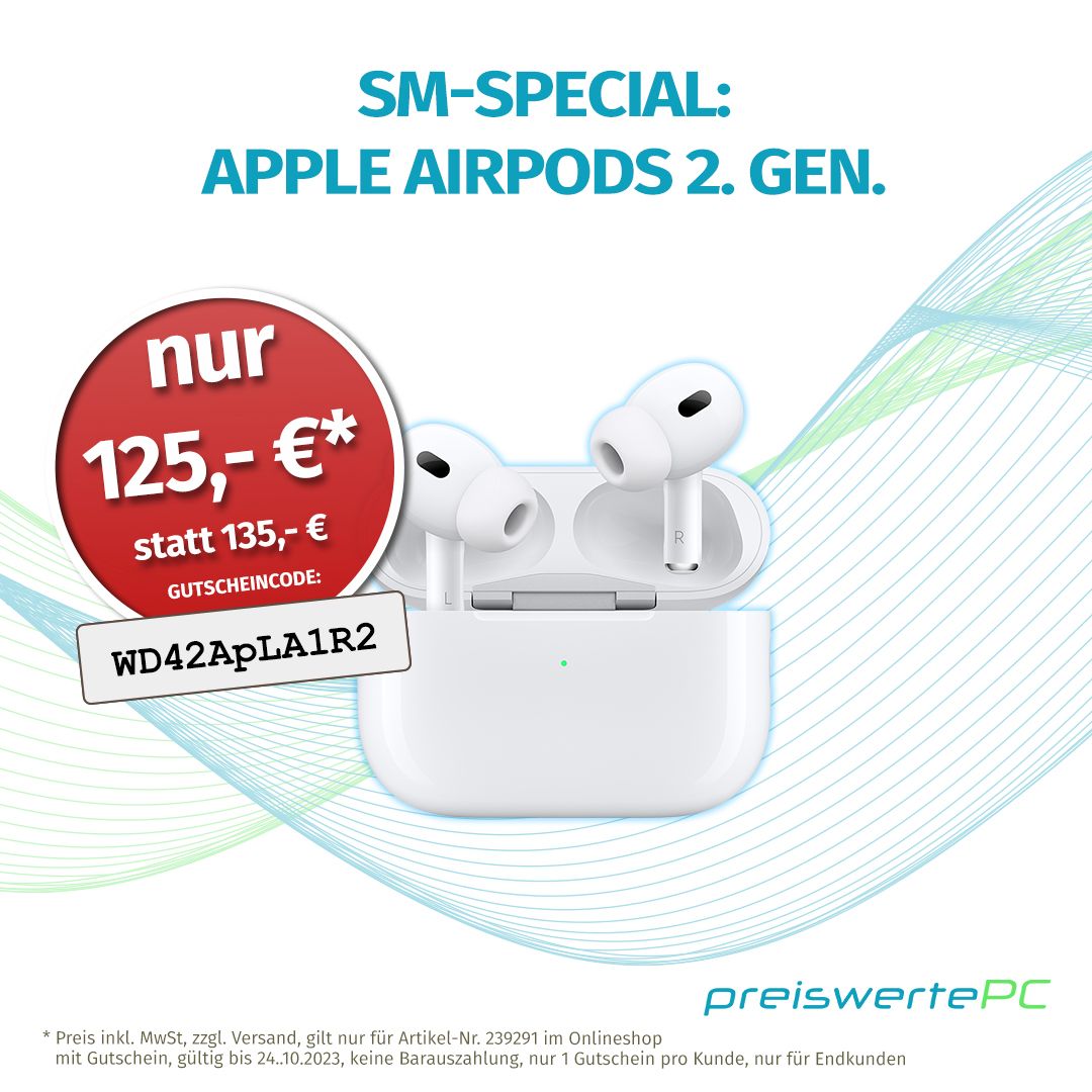 preiswertePC's tweet photo. Hol dir die AirPods für kabellosen ausgewogenen Sound und genieße deine Musik, Podcasts, telefoniere oder sprich deine Gedanken auf. 🤩 

In unserem Deal bekommst du sie jetzt zum Vorzugspreis. 🎧 🎶 

https://t.co/eQ43tFNLJv

#deal #sale #voucher #rabatt #aktion #gutschein https://t.co/bUKex0C7Uv