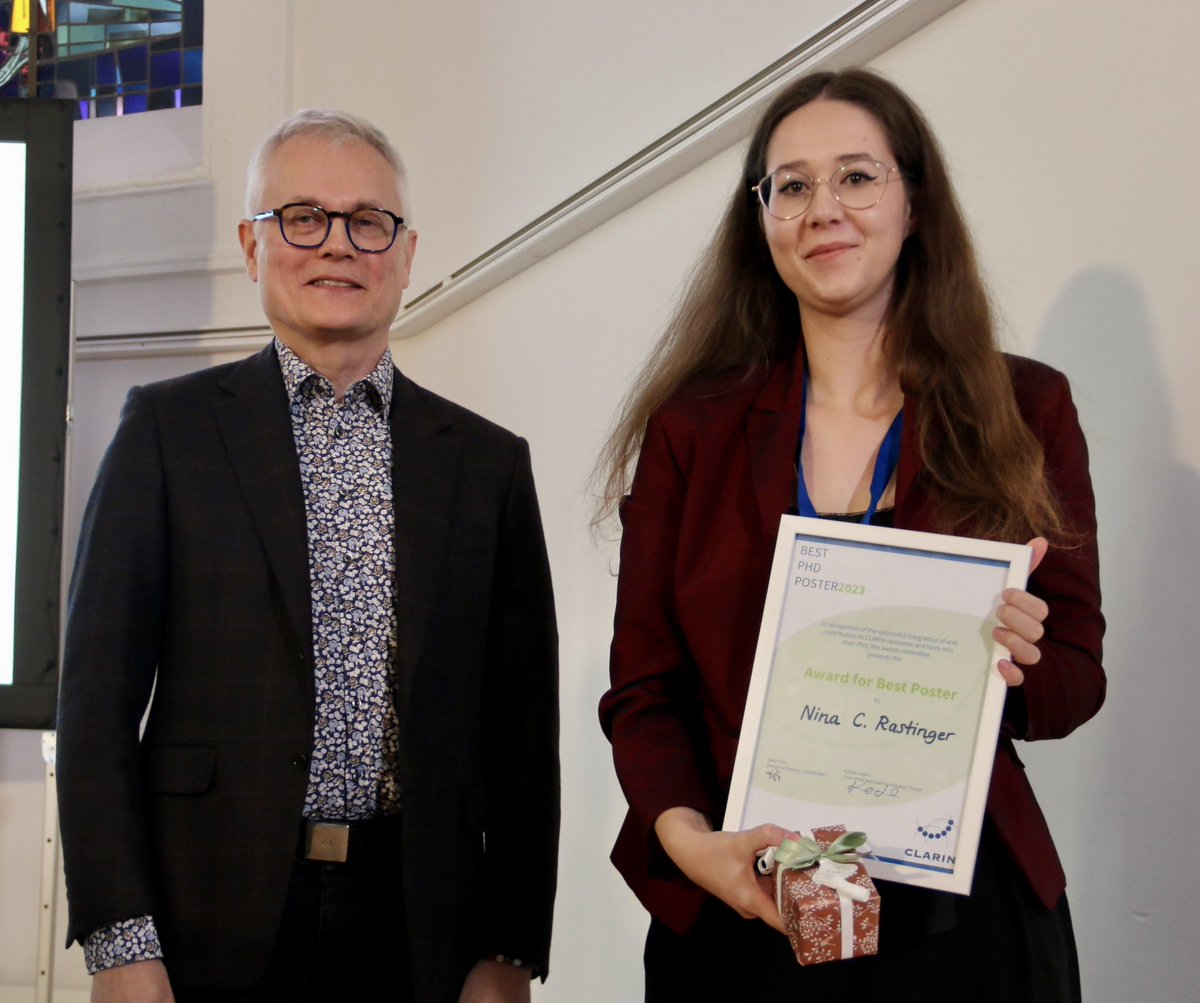 … the winner for Best PhD Poster is Nina Rastinger - congratulations! 🎉

➡️ see her poster here: clarin.eu/sites/default/…

<a href="/ACDH_OeAW/">ACDH-CH</a>
