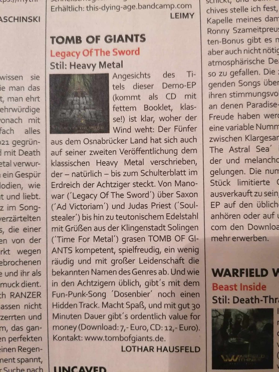 "... classic Heavy Metal that is up to the shoulder blade in the soil of the eighties - from Manowar to Saxon to Teutonic stainless steel with greetings from the blade city of Solingen ..."
(𝕽𝖊𝖛𝖎𝖊𝖜 • Deaf Forever)
<a href="/tombofgiants/">Tomb of Giants</a> • 🇩🇪 • 𝐂𝐥𝐚𝐬𝐬𝐢𝐜 𝐇𝐞𝐚𝐯𝐲 𝐌𝐞𝐭𝐚𝐥