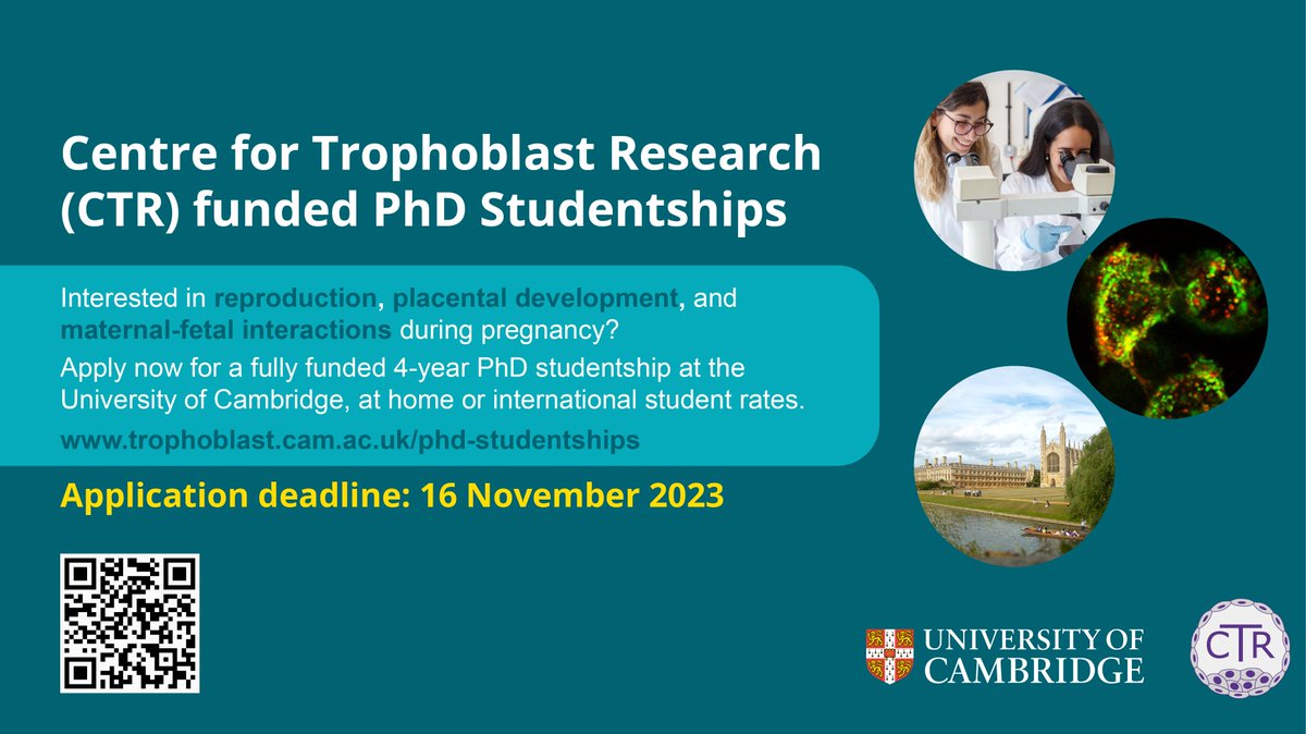 📢Applications for our CTR funded 4-year PhD Studentships are now open! 

We encourage applications from anywhere in the world. Please check out our projects on offer and help spread the word.  

Deadline: 16 Nov 2023

trophoblast.cam.ac.uk/phd-studentshi…