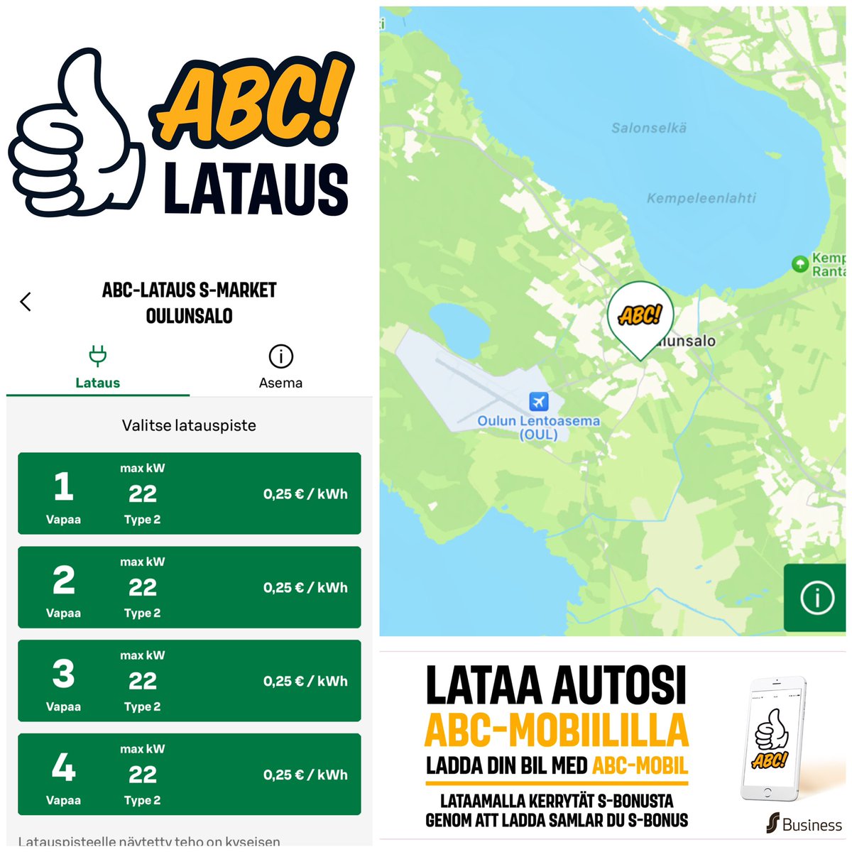 ABC-lataus S-market Oulunsalo on avattu.
4 kpl peruslataus max 22 kW.

Huom, voit myös liittyä ABC-lataajat FB-ryhmään, missä käydään keskustelua ABC-latauksesta.
m.facebook.com/groups/abclata…

T. ABC-lataus, Marko

#ABClataus