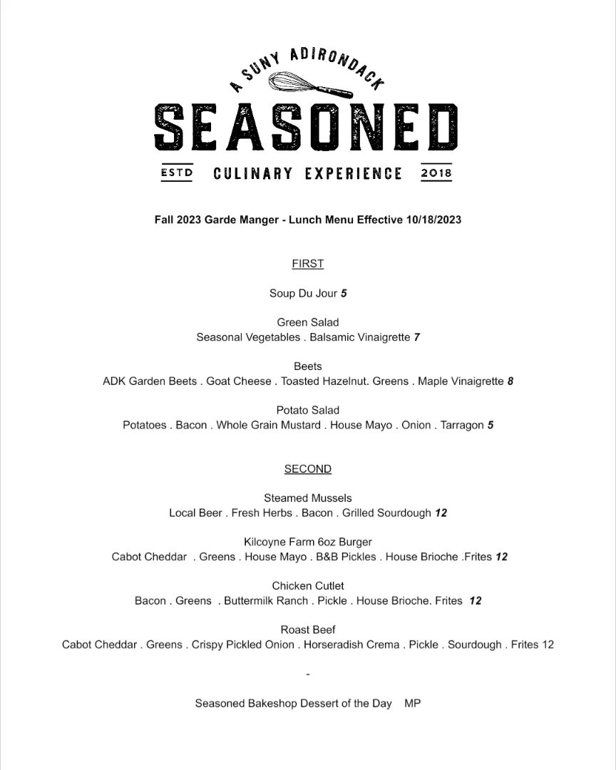 Sunychefbolton's tweet photo. Today is opening day at @SUNYADK  Seasoned dine in or take out a la carte lunch each Wednesday! Menu attached. We are SOLD OUT FOR DINNER THIS WEDNESDAY AND THURSDAY! https://t.co/2B9ZgDXD7Z