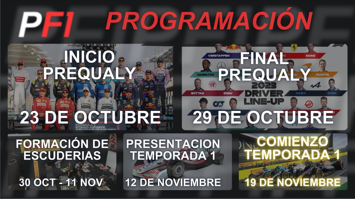 PowerLeagueF1's tweet photo. Recordamos que esta será la PROGRAMACIÓN para estos meses de Octubre/Noviembre 📅. 

¡La semana que viene empieza el periodo de Prequaly y las inscripciones están ya abiertas en nuestro Discord! 🏁 https://t.co/0yAAf7fBJq