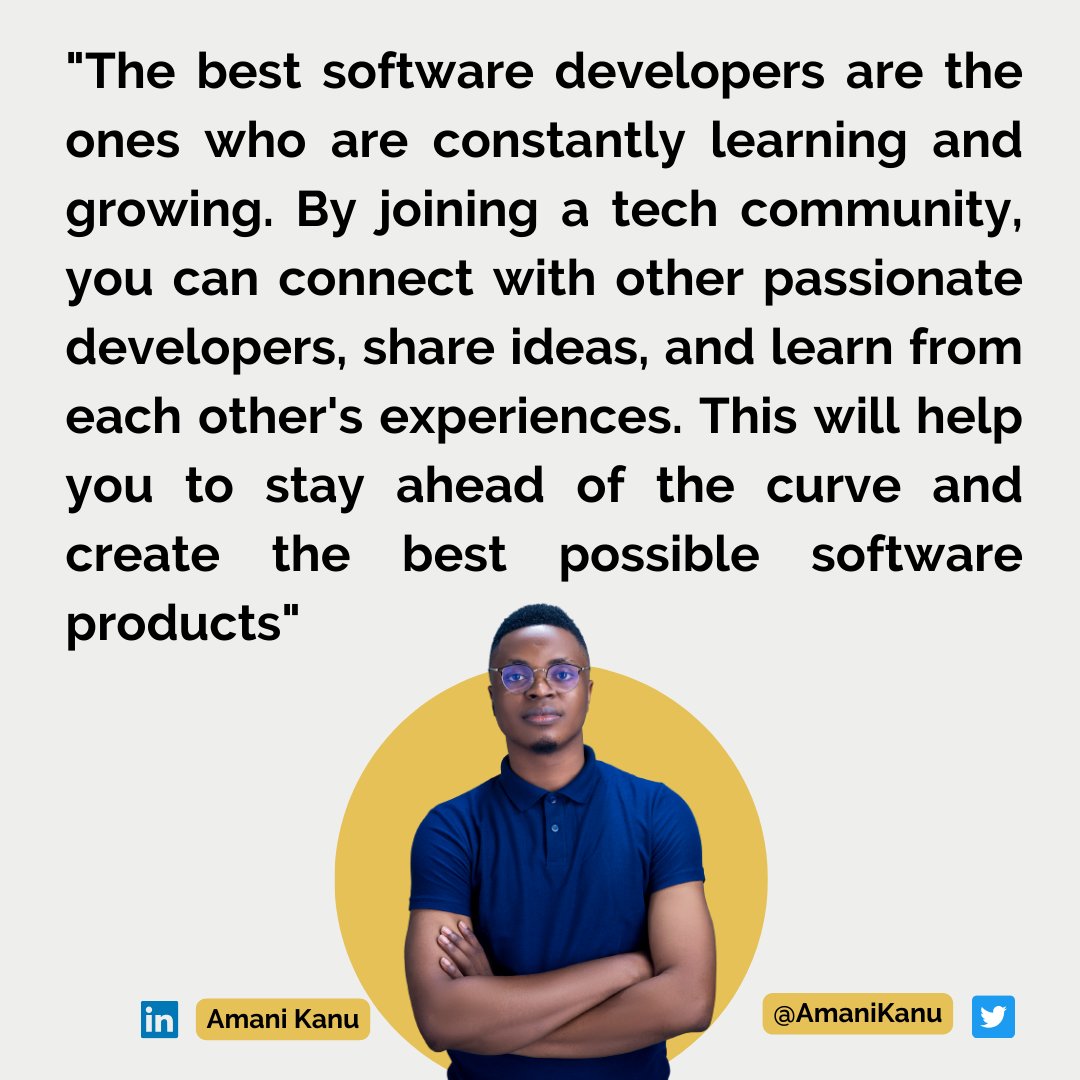 AmaniKanu's tweet image. Great software developers thrive on continuous learning and growth.
#CodeAndConnect #TechCommunity #ContinuousLearning #Developer #InnovateTogether #GrowingThroughSharing #TechNetworking  #CommunityDrivenTech