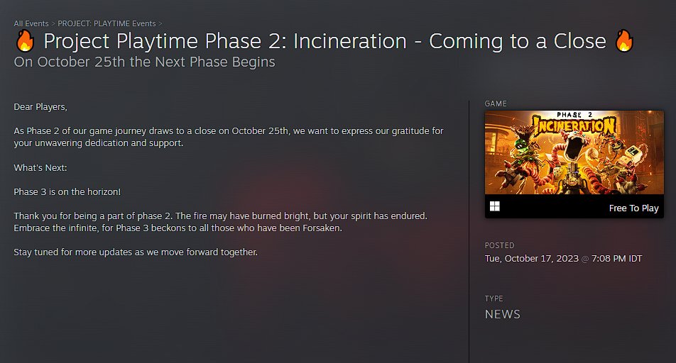 Project Playtime - Phase 3 - 10/27/2023