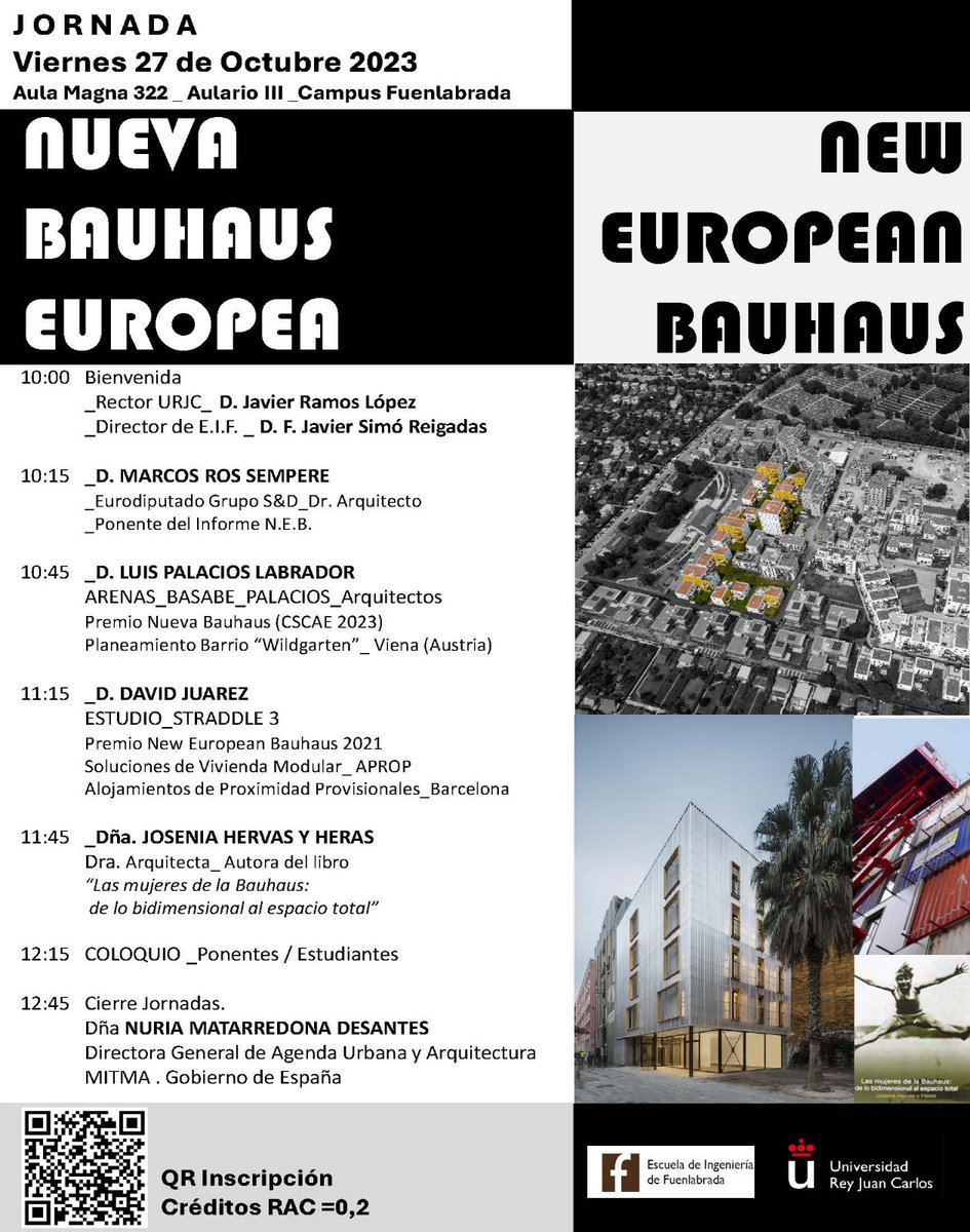 DelARQ_URJC's tweet photo. ⭕Jornadas sobre la Nueva Bauhaus Europea⭕
Organizadas por el Grado en Arquitectura y Paisajismo de la Escuela de Ingeniería de Fuenlabrada https://t.co/cqJ6nc2uUg
