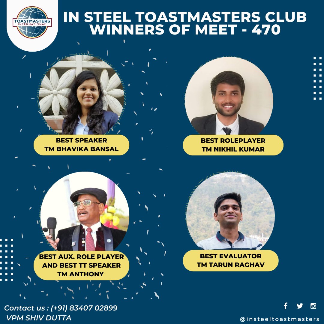 InsteelTM's tweet photo. Congratulations to the winners of Meet 470🥳🥳💫💫⭐⭐

🏅 Best Speaker: TM Bhavika Bansal
🏅Best Role Player: TM Nikhil Kumar
🏅 Best Evaluator: TM Tarun Raghav
🏅 Best Aux. Role Player and Best TT Speaker: TM Anthony Castleton

#toastmastersinternational #insteeltoastmasters https://t.co/paPnb3UiSK