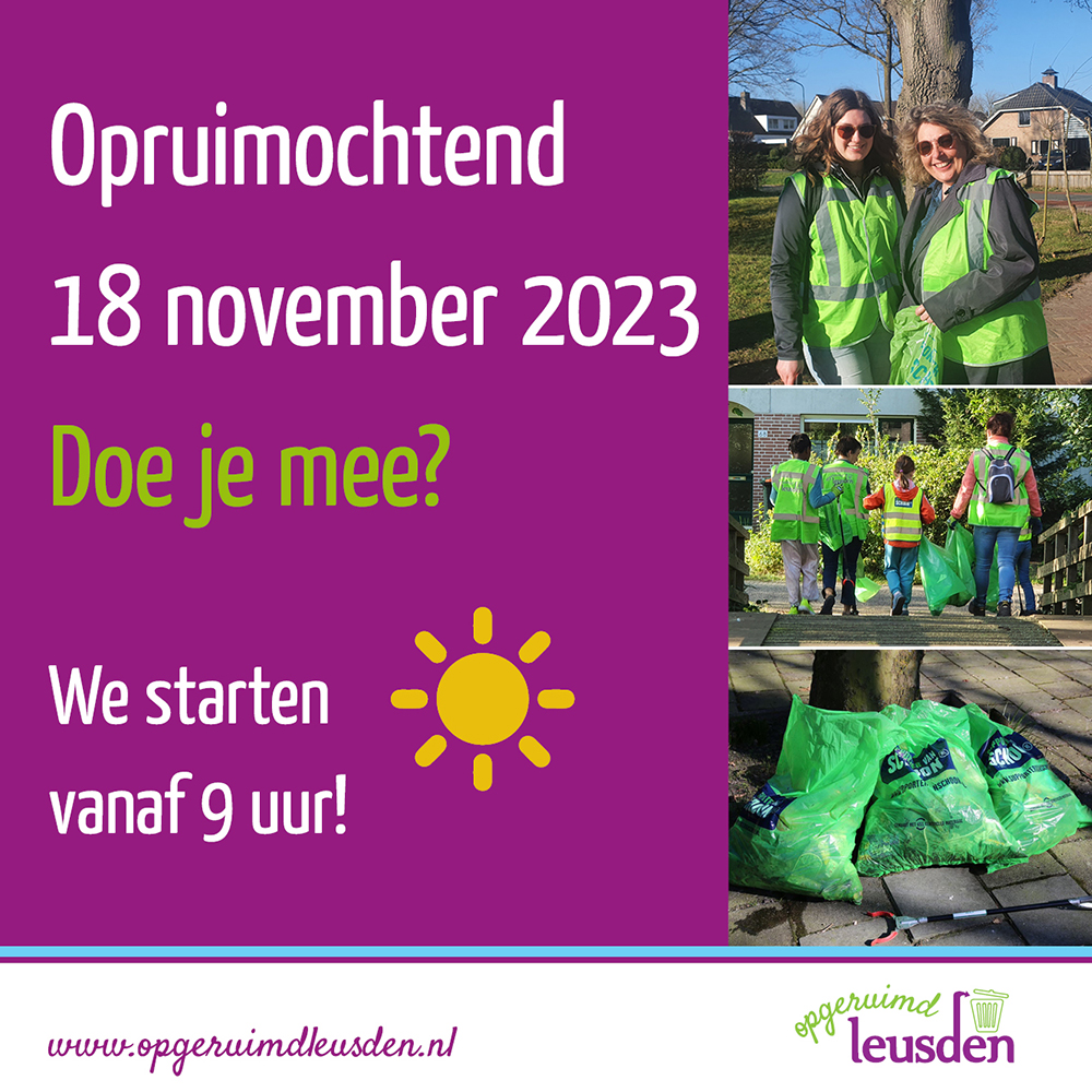 Zet 18 november alvast in je agenda, want dan is het weer tijd voor een opruimochtend. We starten 18 november bij De Groene Belevenis (Hamersveldseweg 107) om 9.00 uur. Veiligheidshesjes en afvalgrijpers zijn voor iedereen aanwezig. Doe je mee? 

#opgeruimdleusden #leusden