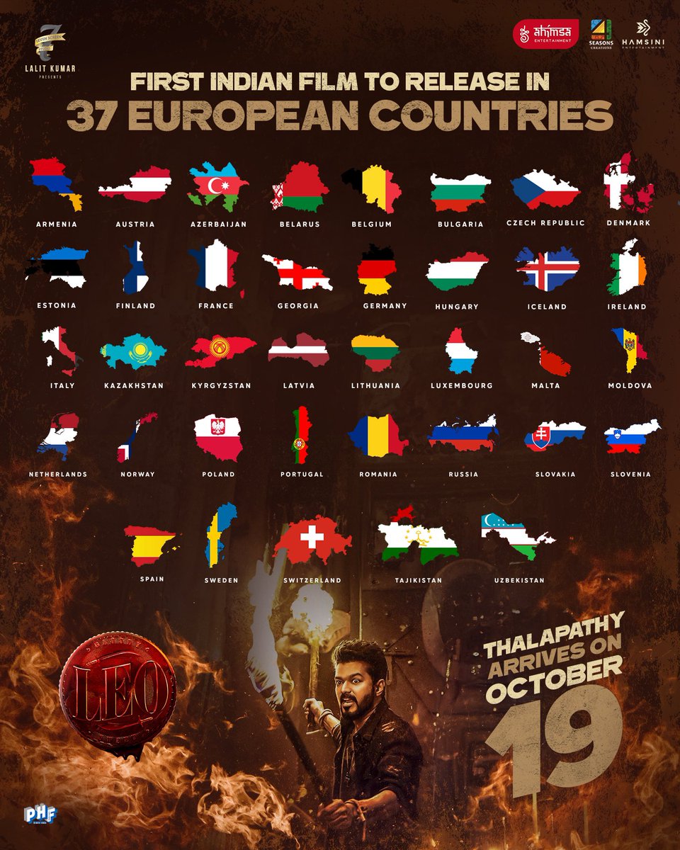 ahimsafilms's tweet photo. The first Indian film to release in 37 European countries? It’s our Thalapathy Vijay’s #LEO — “WORLDWIDE LINK” 🎶💣🌍

#AhimsaEntertainment
@4SeasonCreation 
@Hamsinient https://t.co/kuPMSCAN9i