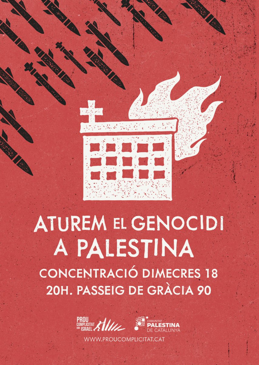 Convocatòria Urgent

Israel ha assassinat a més de 1000 persones bombardejant l'hospital baptista de Gaza!!! No podem restar impassibles, hem de denunciar el genocidi contra la població palestina!!!

Convoquem a tothom avui dimecres 18 d'octubre a les 20h davant la seu de la UE