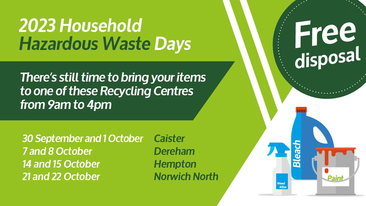 The last of our free household hazardous waste days takes place this weekend at Norwich North Recycling Centre.
 Find the full list of what we'll accept and more details here orlo.uk/recycling_vXnzC
🗑️ Please note that this is only for household waste.