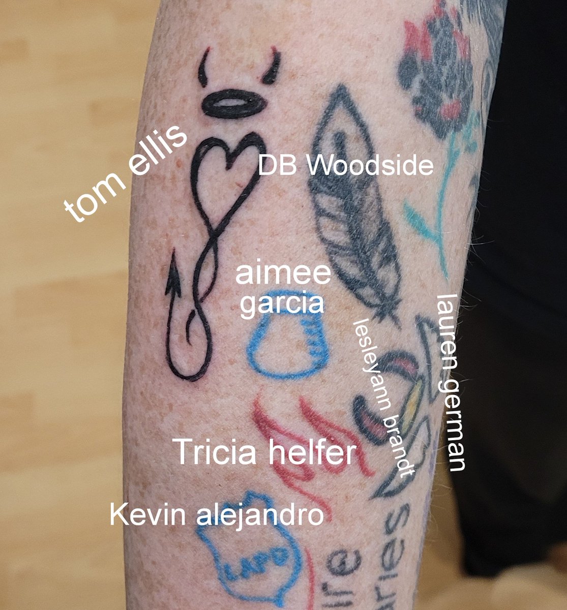 mschufAUS's tweet photo. @PurplewolfKT13 He put the Lucifer ring on my finger at dinner ahhh they all did drawings on me and I got them tattooed https://t.co/HiGnU3zc3X