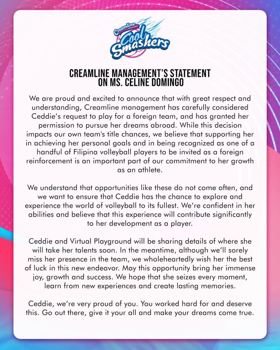 manelavice's tweet photo. Just wanted to take a moment to express how incredibly proud we are of you as you embark on this exciting new chapter of your volleyball career, @clndmgo. Throughout the years, we’ve witnessed your extraordinary talent and perseverance. Now as you venture into the international arena, we have no doubt that your skills and character will shine even brighter.

As you embark on this exciting journey, please know that we stand firmly behind you wholeheartedly. Your achievements reflect not just your own hard work, but also the dedication and sacrifices made by your coaches, teammates and loved ones who’ve believed in you every step of the way.

Remember, in every serve, every spike and every block, carry the pride of your home team with you. Your passion has always been an inspiration, and we have no doubt that you will continue to make us proud on the international stage.

Wishing you the very best of luck as you embark on this exciting chapter of your volleyball career, Ceddie. May your journey be filled with thrilling victories, cherished memories and personal growth. Remember to savor every moment, embrace new friendships, and never lose sight of the joy and good vibes spirit that brought you to this point.💘