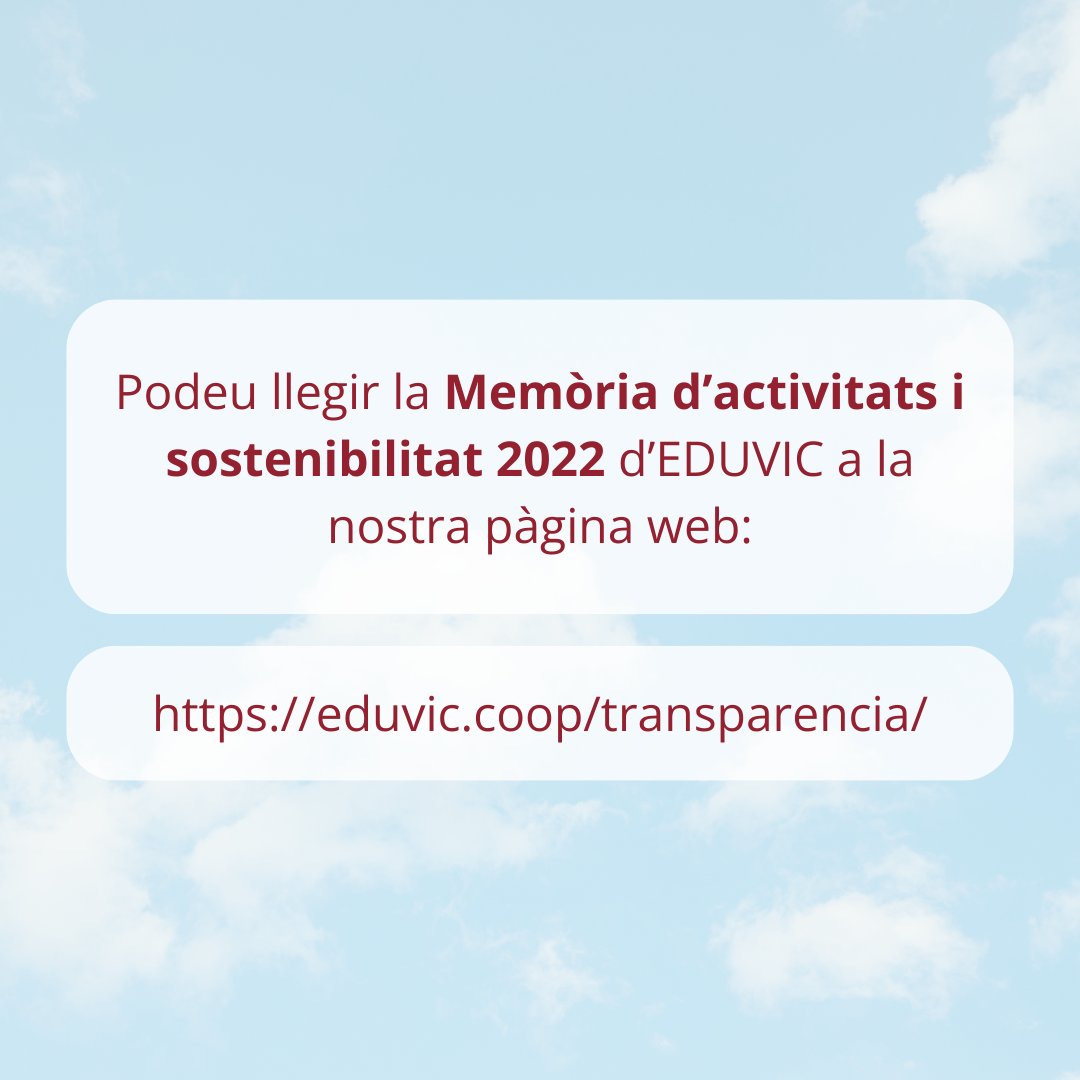 📖 Ja tenim la Memòria d’Activitats i Sostenibilitat 2022 d’EDUVIC, per mostrar el què i el com d’allò que fem. De manera transparent i acurada expliquem totes les activitats i projectes que hem dut a terme durant l’any 2022. 🌱 Pots llegir-la memòria a eduvic.coop/transparencia/.