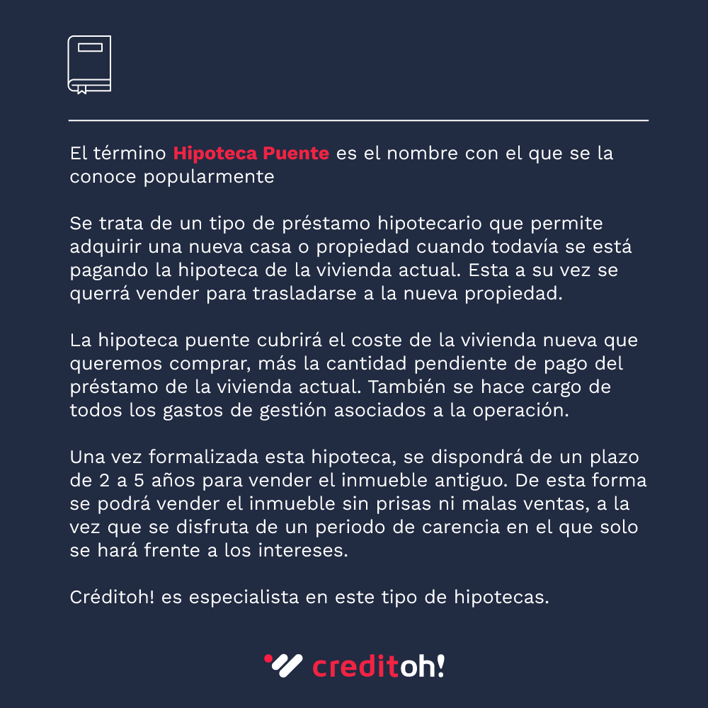 Qué es una Hipoteca Puente, en Creditoh te lo explicamos.
👉 creditoh.com/solicita-estud…

#creditoh #asesorhipotecario #asesorfinanciero #brokerhipotecario #hipoteca100 #hipoteca