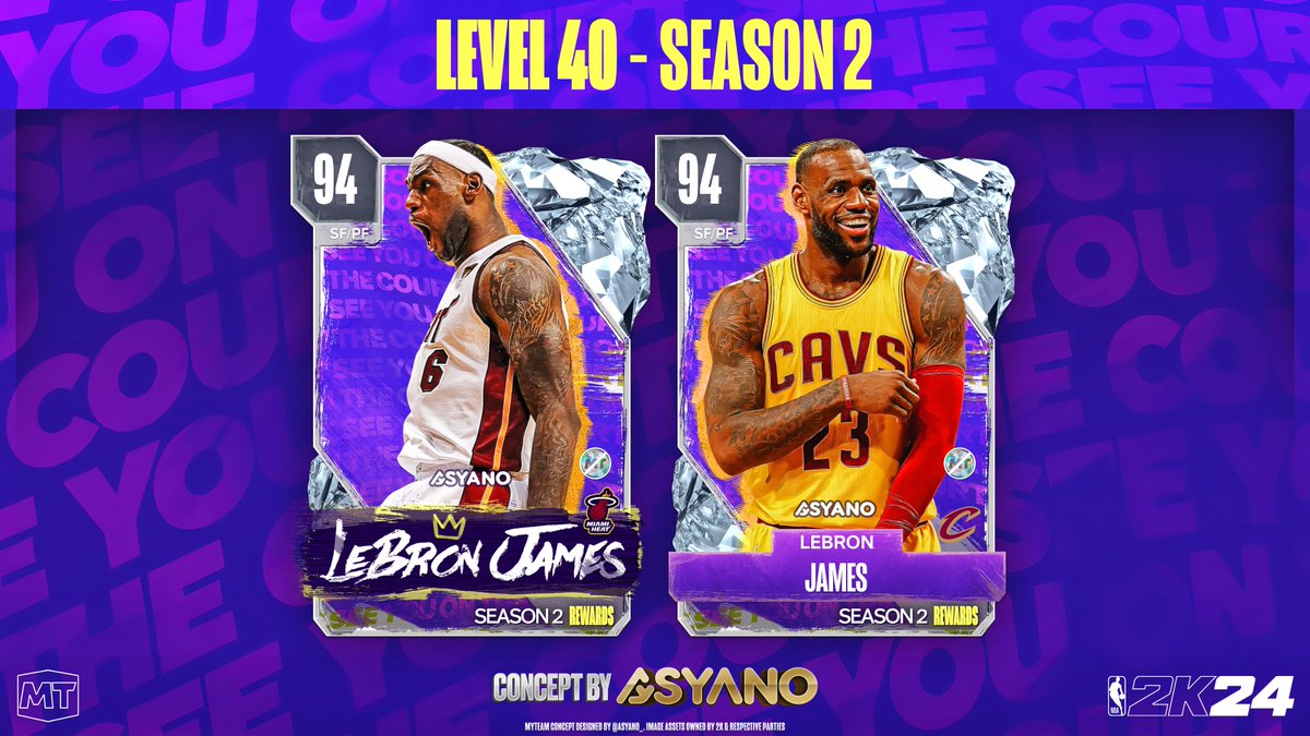 Who's your guess for Season 2's Level 4⃣0⃣ reward in 2K24 MyTeam? With how the current gamemode is alongside his recent teammates being rewards, why not LeBron James to follow the trend? 👑

<a href="/8th_gfx/">8thGFX</a> among others inspired me to push through their related concepts, so show love!