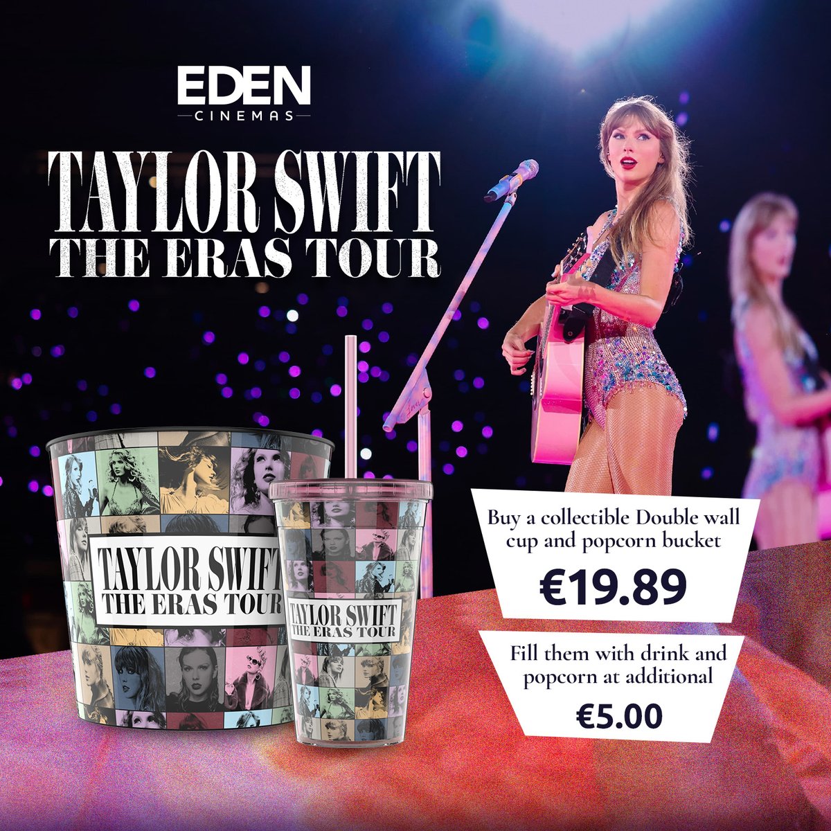 NOW AVAILABLE 🔥 THE EXCLUSIVE TAYLOR SWIFT COMBO 
Attention, #Swifties! 
Grab your collectible double-wall cup and popcorn bucket, fill them up for an extra €5, or simply take them home. Priced at just €19.89 - a nod to the year our beloved Taylor came into the world.