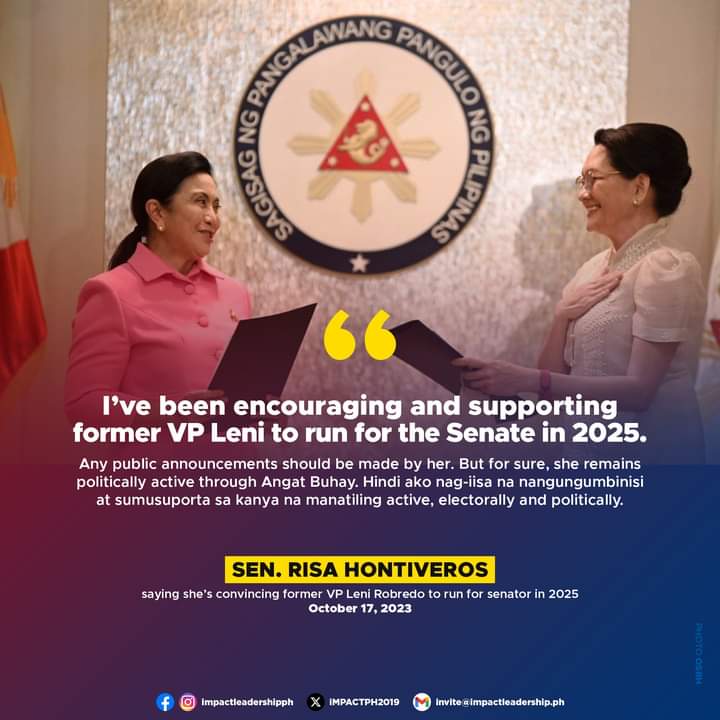 iMPACTPH2019's tweet photo. LENI 2025?

Senate Deputy Minority Leader Risa Hontiveros says she's convincing former Vice President Leni Robredo to run for senator in #Halalan2025. https://t.co/98bOE6azx6