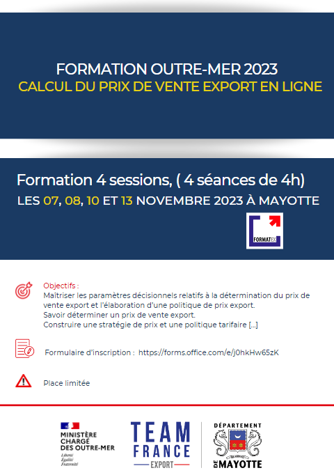 AdimMayotte's tweet photo. 🔔  #formation
La #TeamFranceExport vous propose de suivre des séances de formation en ligne, en 4 sessions de 4h. Thématique : «Calcul du prix vente export».
Date: 07, 08 , 10 et 13 Novembre 2023 à 14h30 heure de Mayotte.✍inscription https://t.co/eaVcANanZN https://t.co/c58setolrW
