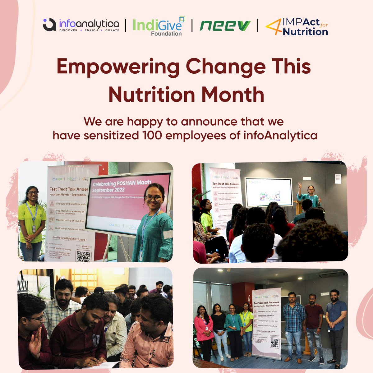 The indiGive team is happy to implement IMPAct4Nutrition's Employee Wellbeing Program: Test - Treat - Talk Anaemia where we sensitized 100 employees of InfoAnalytica.  

Thank you,  InfoAnalytica team for your support throughout.
#poshanmaah2023  #letstalkanemia #impact4nutrition