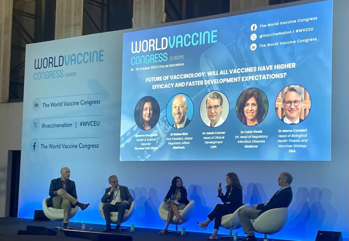 vaccinenation's tweet image. Day 2 of the World Vaccine Congress Europe is underway! Apoorva Mandavilli of @nytimes moderates our opening keynote! Featuring:

🎤 Marco Cavaleri, @EMA
🎤 Jakob Cramer, @CEPIvaccines
🎤 Ruben Rizzi, @BioNTech_Group
🎤 Carla Vinals, @Moderna_tx

#WVCEU #WVC2023