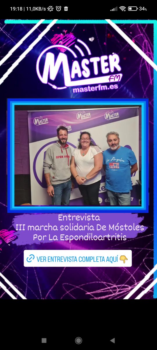 amdea2018's tweet photo. Nuestra socia y secretaria Yolanda estuvo en @masterfm.es junto con Rubén de @losindependientes2009 para promocionar la III Marcha Solidaria de Móstoles Por La Espondiloartritis. 

https://t.co/yQngJpNkyl https://t.co/TCSADDman8