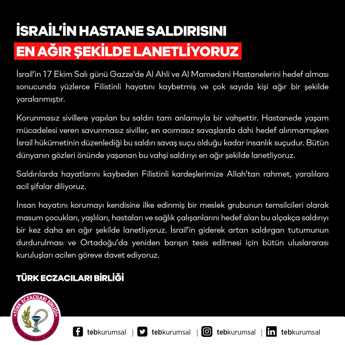 İSRAİL’İN HASTANE SALDIRISINI EN AĞIR ŞEKİLDE LANETLİYORUZ

İsrail’in 17 Ekim Salı günü Gazze'de Al Ahli ve Al Mamedani Hastanelerini hedef alması sonucunda yüzlerce Filistinli hayatını kaybetmiş ve çok sayıda kişi ağır bir şekilde yaralanmıştır.

Korunmasız sivillere yapılan bu