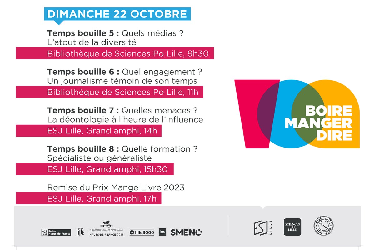 Entrée libre au festival BMD mais inscription obligatoire par mesure de sécurité.
Retrouvez le programme complet du festival Boire Manger Dire ici > mangelille.com/boire-manger-d…

#festival #lille #festivaljournalismeculinaire #esjlille #mangelille #sciencespolille