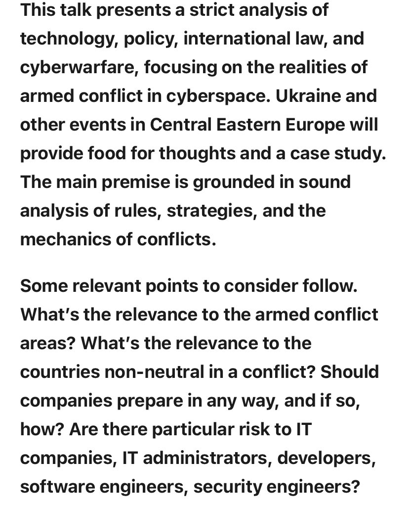 lukOlejnik's tweet photo. Today in Luxembourg I speak about cyberwarfare @hack_lu. Educated analysis of tech, law&amp;policy. Including real-life cases, consequences for: States, companies, their employees, civilians — also those conducting out of ordinary activities. #hacklu #hack_lu https://t.co/Rb9DrxpGT5 https://t.co/5B6e7ZmkNy