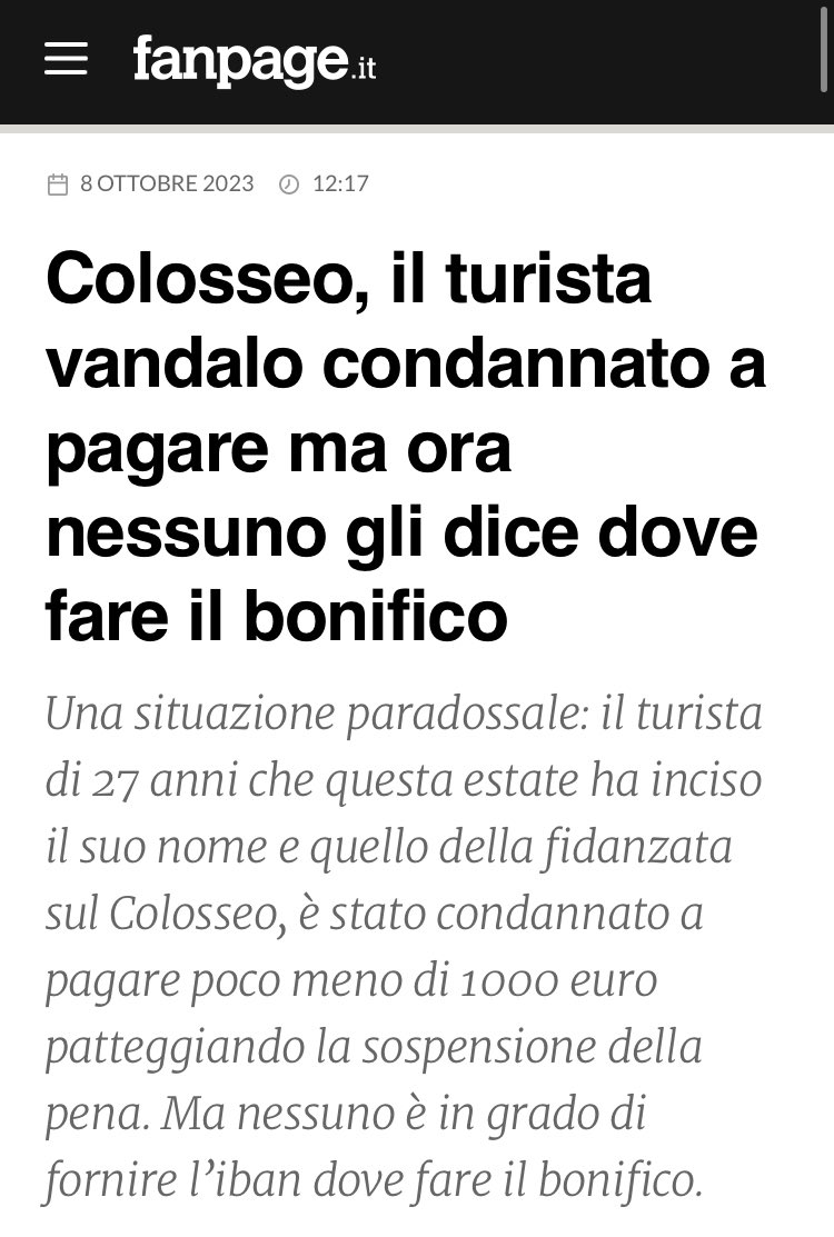 k_rim_inalna's tweet photo. Sećate li se turiste koji je letos izgravirao svoje ime na Koloseumu? E, pa stigla mu je (smešna) kazna od 1000 € koje treba da plati bankovnom doznakom. Samo što niko u Italiji ne zna da mu kaže na koji IBAN. 🤦🏻‍♀️
#ONLYINITALY
Može na moj, eto i to sam im rešila. 😁 https://t.co/tDIzsLcrUv