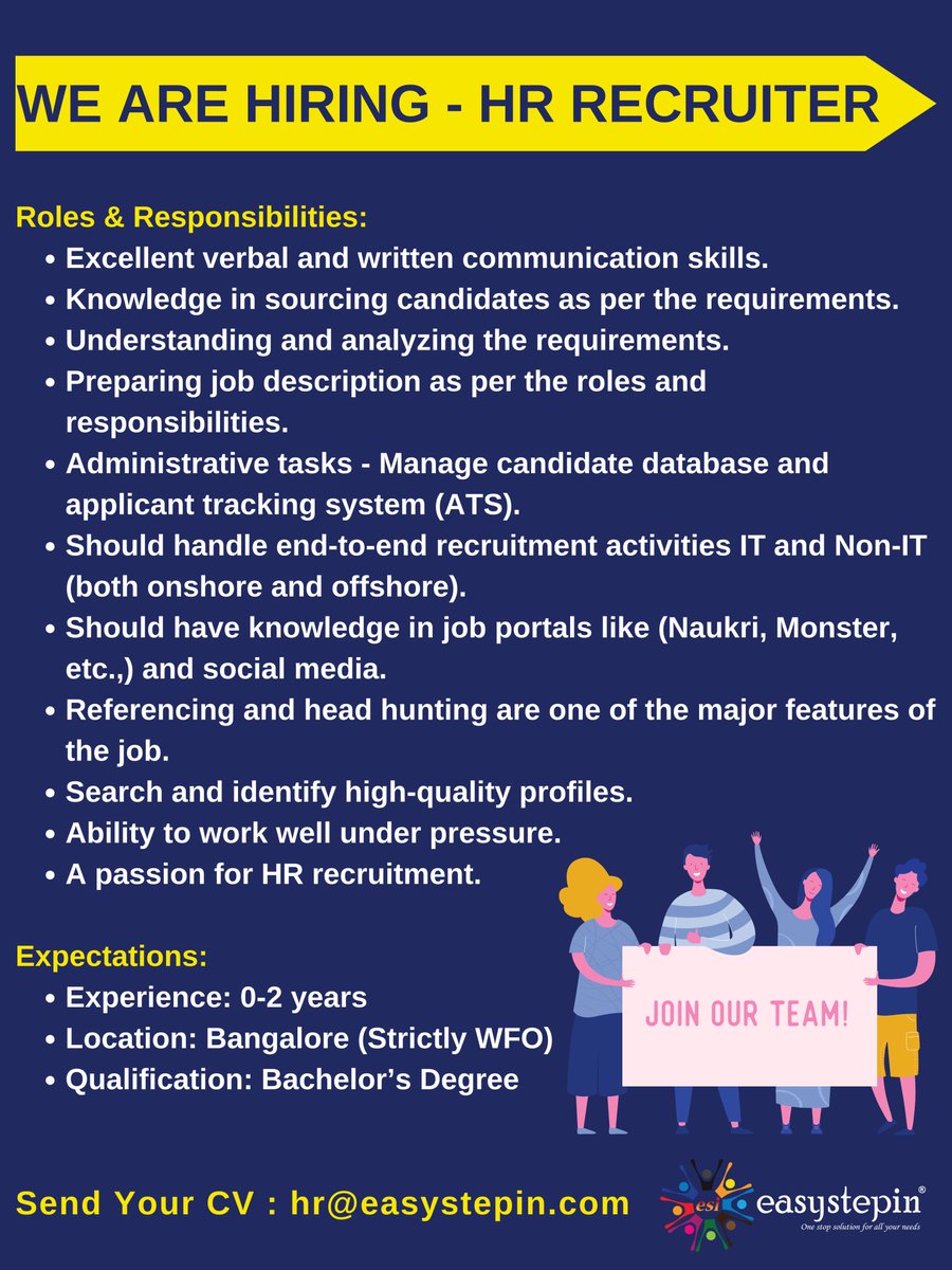 𝐖𝐞 𝐚𝐫𝐞 𝐡𝐢𝐫𝐢𝐧𝐠 𝐇𝐑 𝐑𝐞𝐜𝐫𝐮𝐢𝐭𝐞𝐫...!

Send your CV's to hr@easystepin.com

@EasyStepIn #easystepin #EasyStepIn #hiring #hrrecruiter #hrhiring #jobs2023 #hiring2023 #freshers #experiencedjobs #fresherjobs #experienced #recruitment