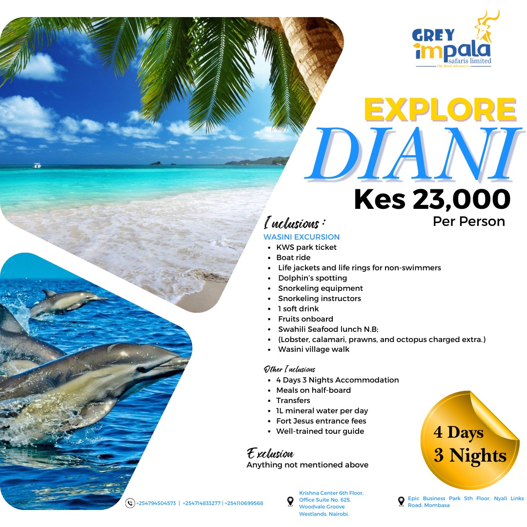 ImpalaGrey's tweet photo. MASHUJAA WEEKEND DEAL!!
Explore the stunning shores of Diani for 3nights,4days from as low as kes 23,000 per person 
For bookings call us on 0794504573
#Mashujaaweekend #Boraborawildlifepark #Travel #Adventure #Tourism #Greyimpalasafaris https://t.co/KaFuoCCZD2