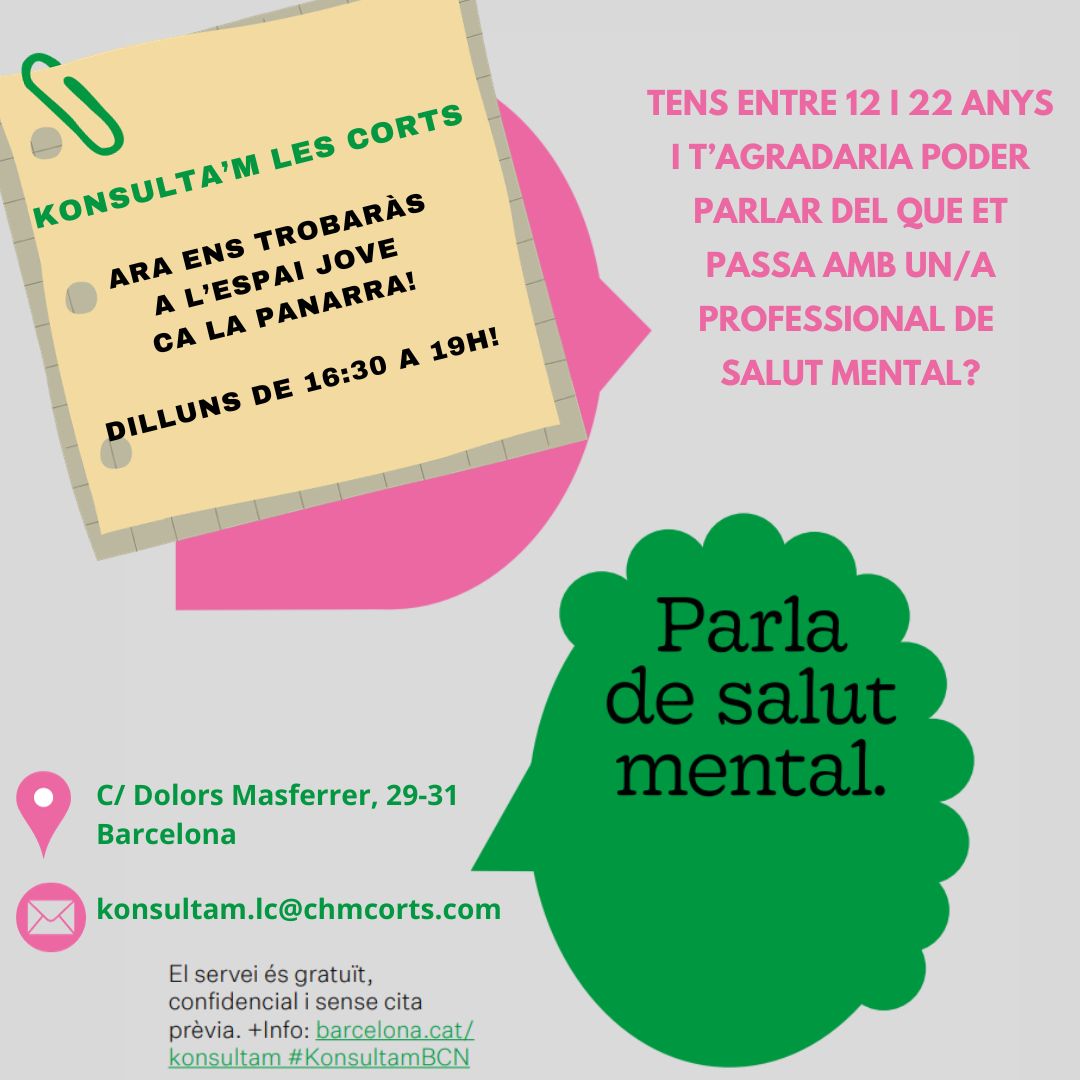 GrupCHMSM's tweet photo. 💬 [KONSULTA'M LES CORTS]

📢 A partir de dilluns 23 d'octubre l'atenció presencial #Konsultam de @BCN_LesCorts es farà a l'Espai Jove de @calapanarra 

🕐Recordeu que ens hi trobareu dilluns de 16:30 a 19:00 hores

📩També ens podeu contactar per mail
konsultam.lc@chmcorts.com https://t.co/bpy531orAm