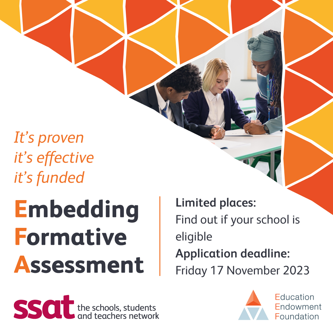 ssat's tweet photo. Important announcement  

We have secured additional significantly subsidised places from the Education Endowment Foundation, through the DfE’s Accelerator Fund.  

Check if your school is eligible: https://t.co/n2GtZV4gES

#educacion @dylanwiliam @EducEndowFoundn @corinnesettle https://t.co/nDIyq8eCck